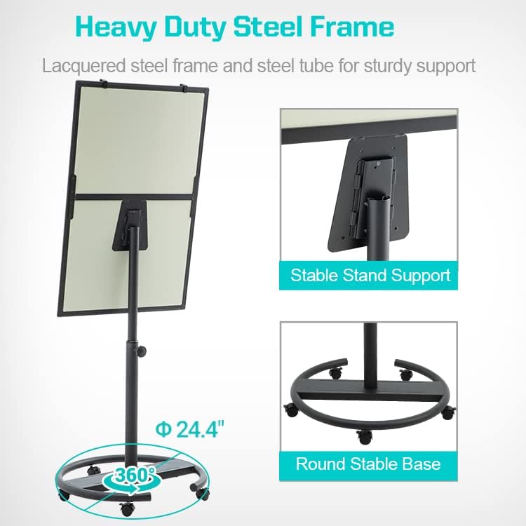 DexBoard Black Mobile Whiteboard on Wheels, 36 x 24 Inch - Rolling Magnetic Dry Erase Easel Board with Flipchart Paper Pad (25 Sheets) - Height Adjustable Standing Board for Modern Office & Studio - Image 3